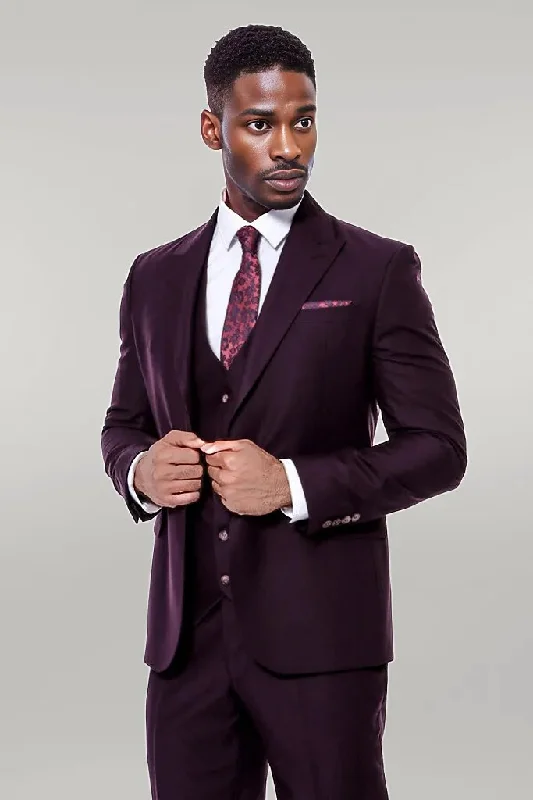 Plain Wide Lapel Burgundy Men Suit - Wessi