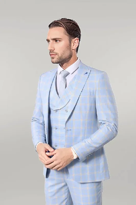 Baby Blue Checked Three Pieces Of Suit | Wessi