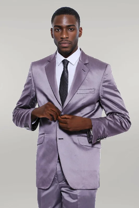 Two Piece Two Buttons Modeled Lapel Satin Grey Men Groom Suit