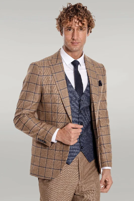 Slim Fit Checked Patterned Brown Men Suit - Wessi