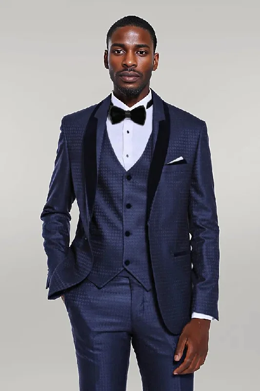 Patterned Velvet Lapel Navy Blue Men Tuxedo - Wessi