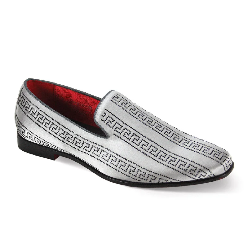 Satin Elegance Collection : Silver & Black Crystal Studded Satin Fabric Plain Toe Smoker Slip-On