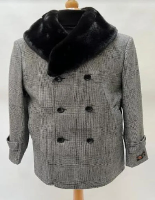 Mens Plaid Overcoat - Wool Peacoat - Plaid Topcoats Double Breasted Gray