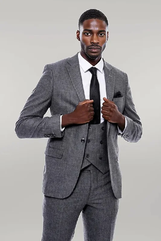 Striped Grey Double Breasted Suit - Wessi