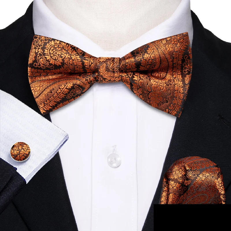 Metallic Luster Orange Paisley Pre-tied Silk Bow Tie Pocket Square Cufflinks Set