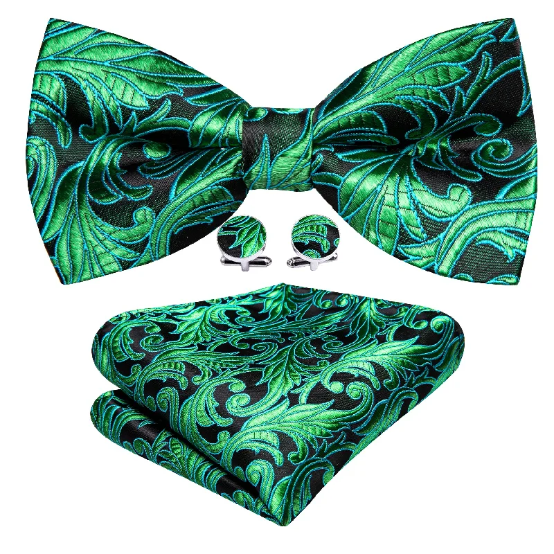 Green Floral Pre-tied Bow Tie Hanky Cufflinks Set