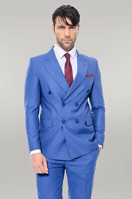 Double Breasted Slim Fit Blue Men Suit - Wessi