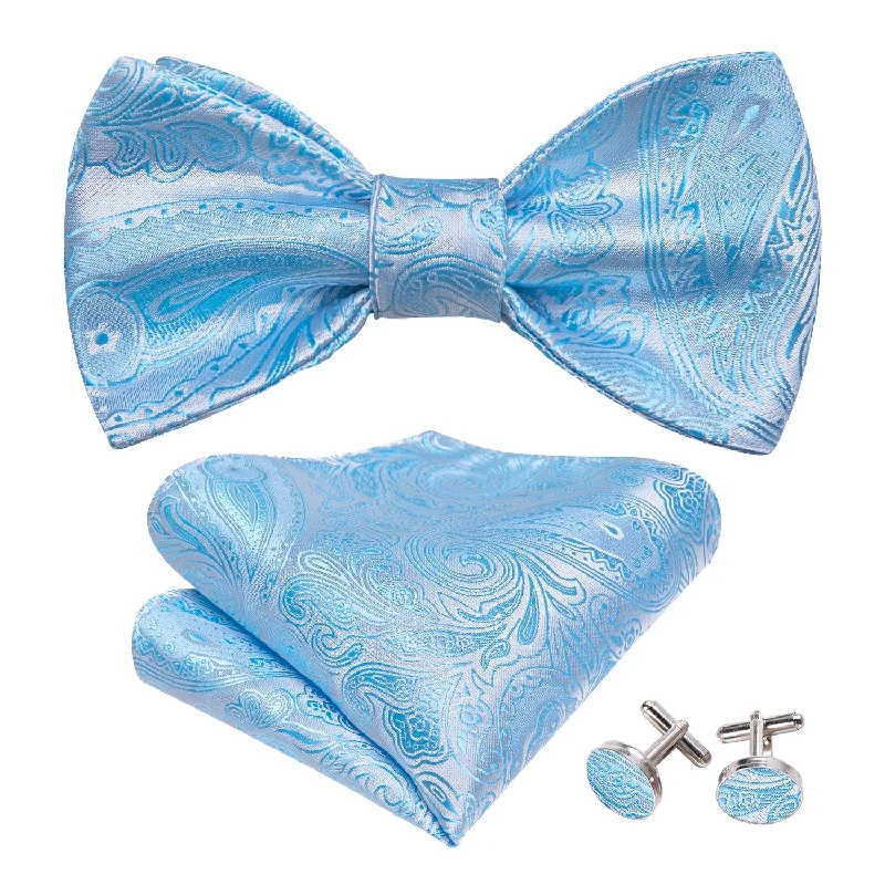 Barry Wang Light Blue Ties White Paisley Bow Tie Hanky Cufflinks Set