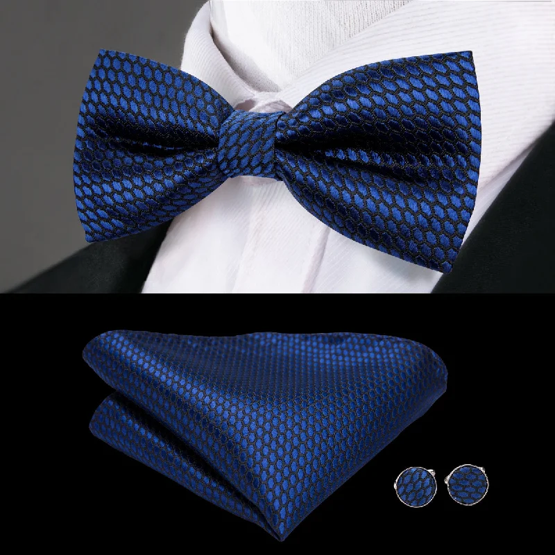 Black Blue Plaid Pre-tied Bow Tie Hanky Cufflinks Set