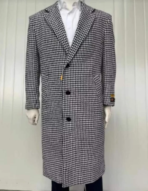 Mens Full Length Wool and Cashmere Overcoat - Winter Topcoats - Black and White Coat