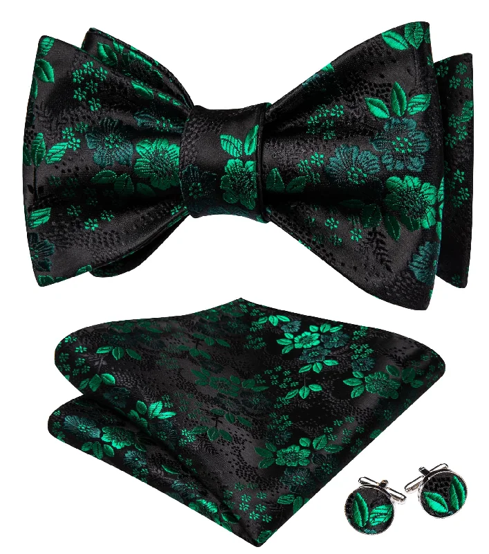 Ties2you Tuxedo Bow Tie Black Green Floral Men's Silk Self-Bow Tie Pocket Square Cufflinks Set