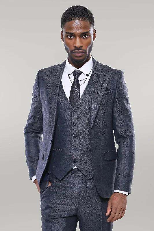 Navy Patterned Vested Suit | Wessi