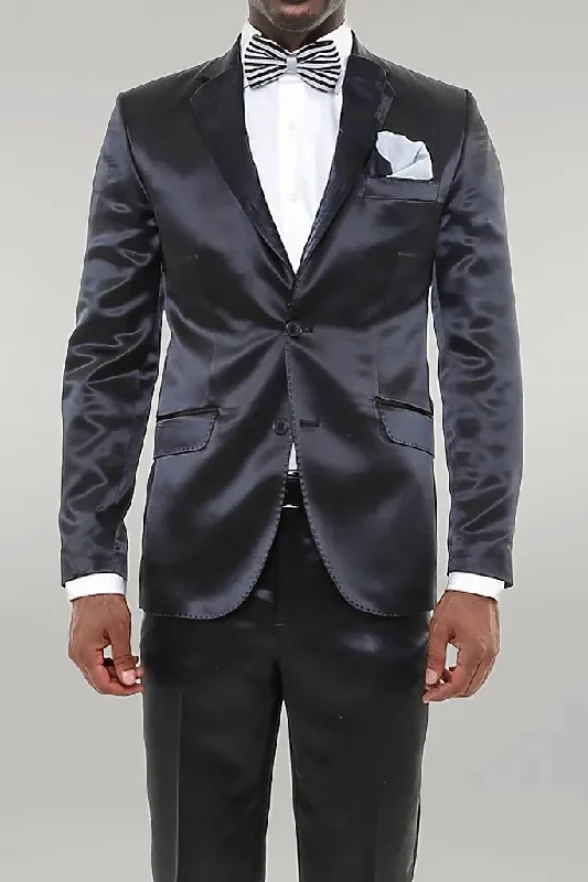 Two Piece Two Buttons Modeled Lapel Satin Black Men Groom Suit