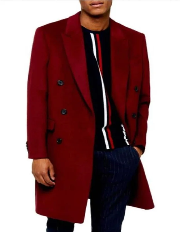 Mens Overcoat - Topcoat For Men - Winter Fabric - men's Burgundy ~ Wine ~ Double Breasted Maroon Overcoats