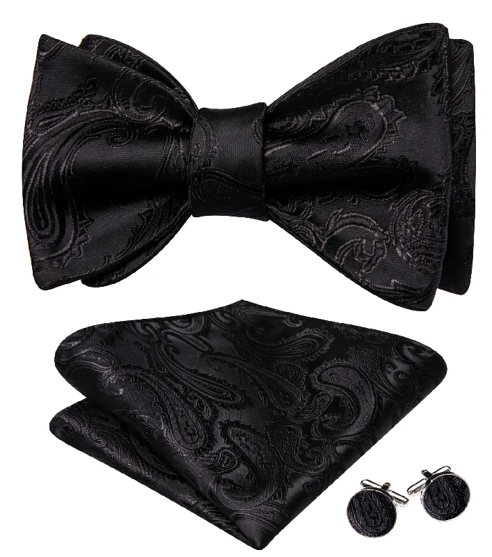 Ties2you Tuxedo Bow Tie Black Paisley Men's Silk Self-Bow Tie Pocket Square Cufflinks Set