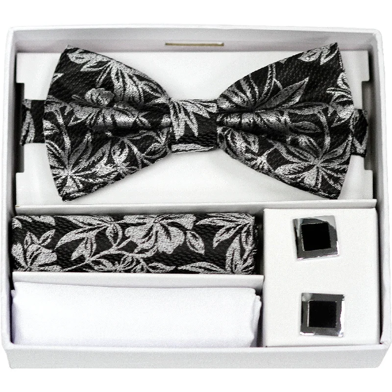 Adolfo Fancy Flower Design Bow Tie, Hanky & Cufflink Box Set