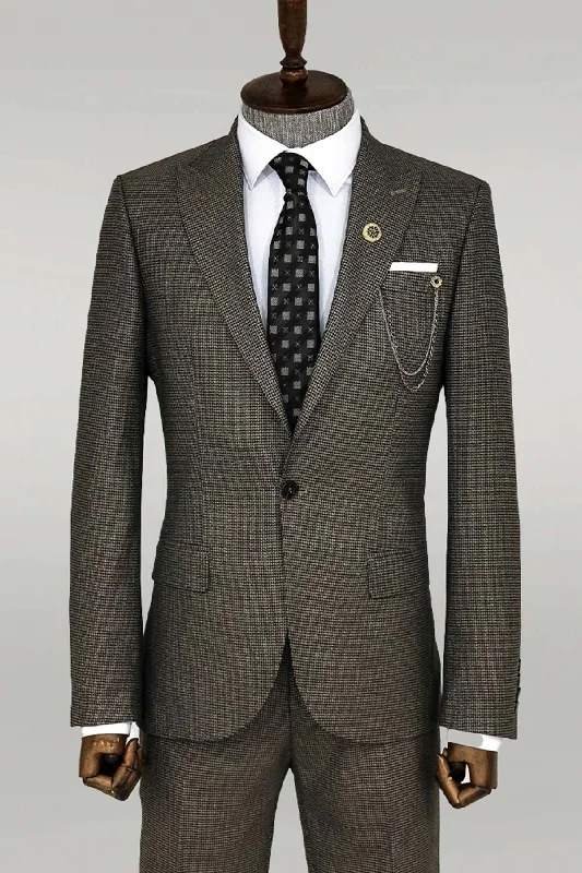 Slim Fit Houndstooth Patterned 2 Piece Brown Men Suit - Wessi