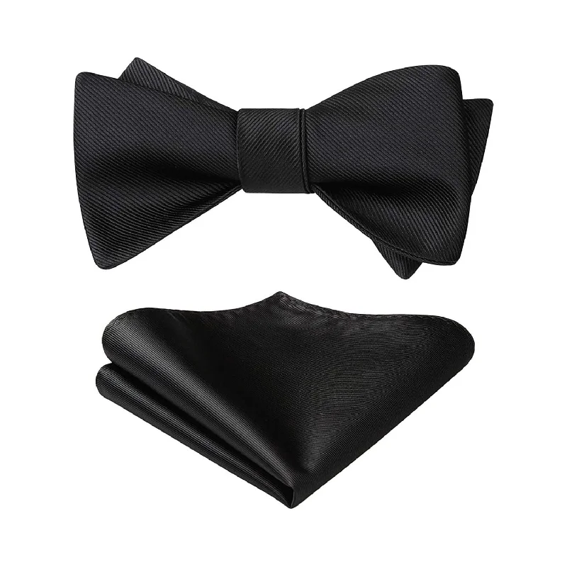 Solid Bow Tie & Pocket Square - C1-BLACK