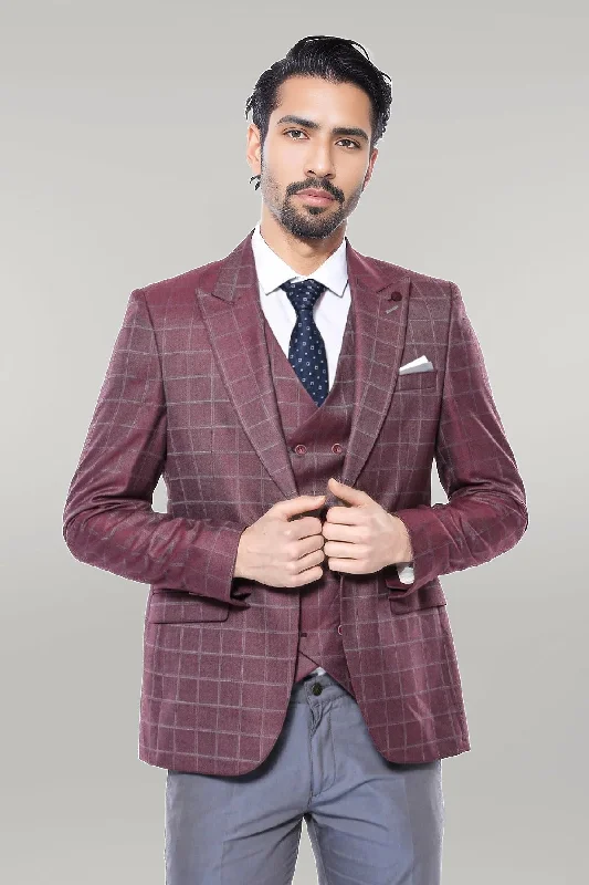 Combined Vested Burgundy Plaid Men's Suit - Wessi