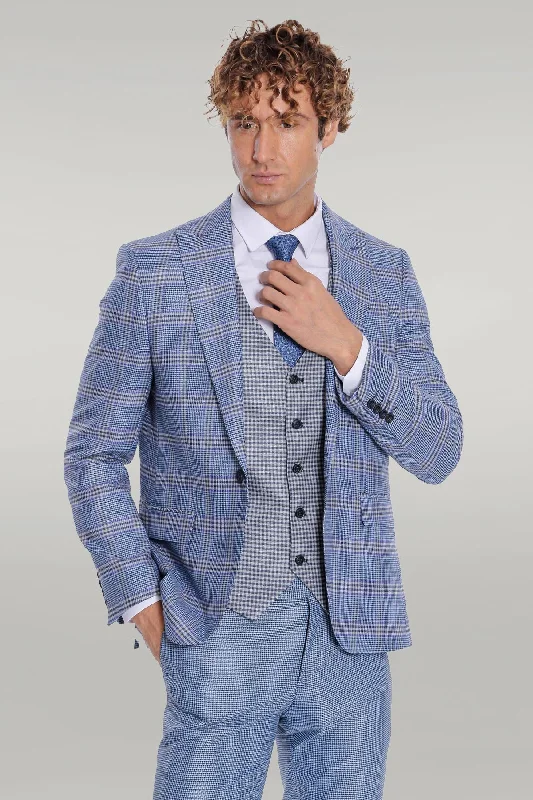 Patterned Checked Slim Fit Blue Men Suit - Wessi