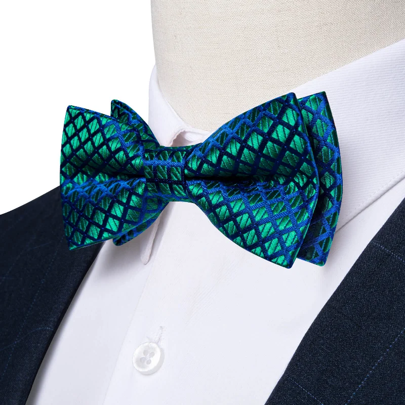 Ties2you Boys Bow Ties Emerald Green Blue Plaid Bow Tie Hanky Set