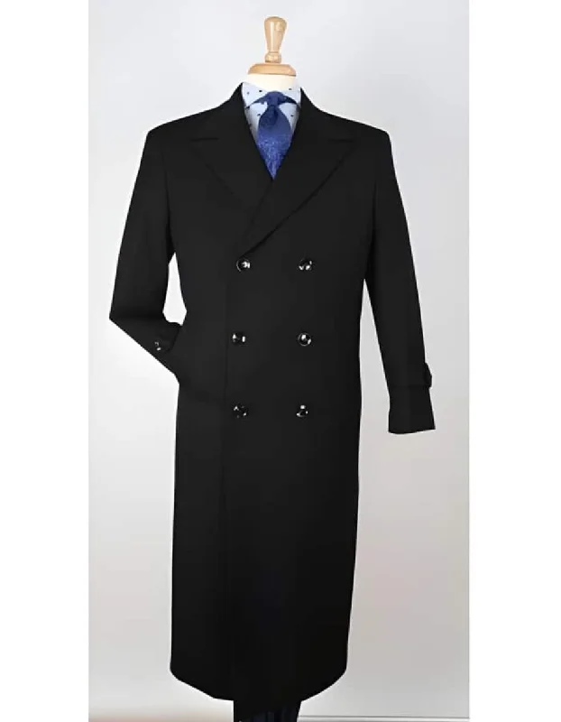 Center Vent 100% Wool Gabardine Double Breasted Black Top Overcoat