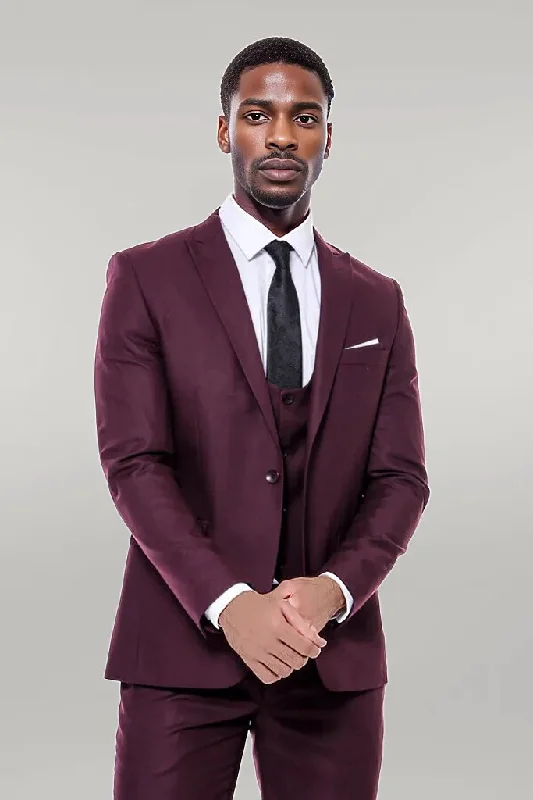 Plain Slim Fit Burgundy Men Suit - Wessi