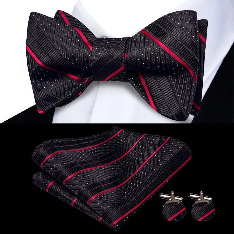 Ties2you Self-tie Bow Ties Black Red Striped Silk Mens Bowtie Handkerchief Cufflinks Set