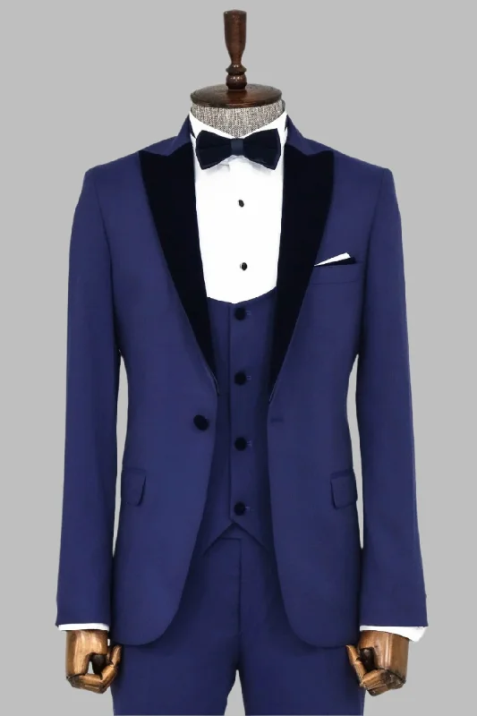 Velvet Lapel Slim Fit Blue Men Suit - Wessi