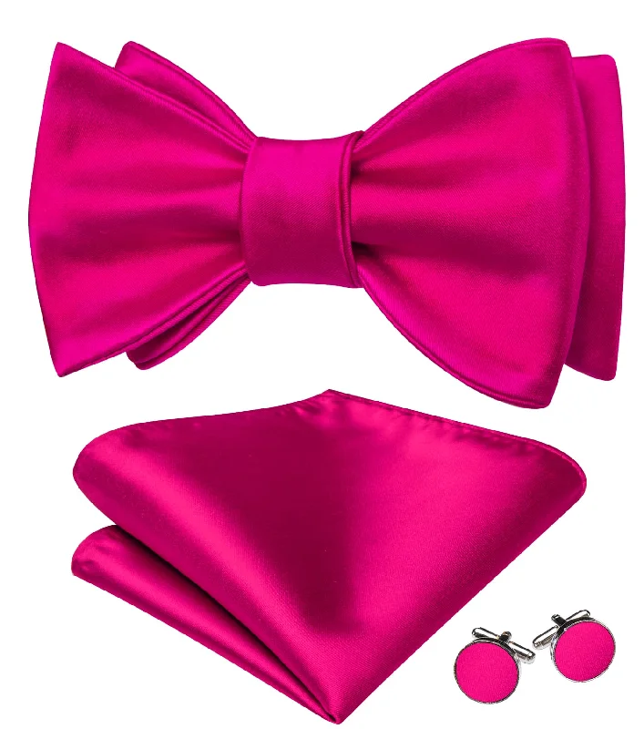 Barry Wang Deep Pink Bowtie Mens Self-Tied Tie Hanky Cufflinks Set