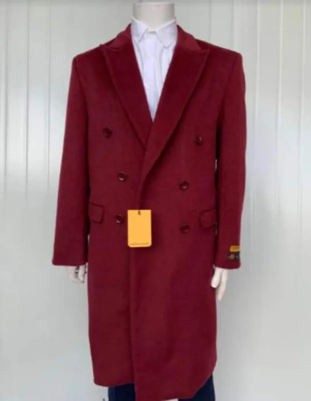 Mens Overcoat - Topcoat For Men - Winter Fabric - Six Button Mens Cashmere Blend Burgundy Coat Full length - Cashmere Overcoat