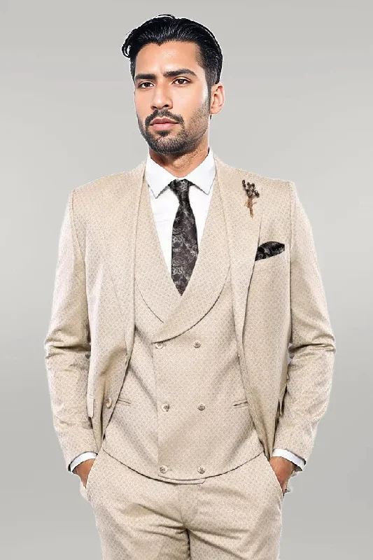 Patterned Beige Vested Suit | Wessi