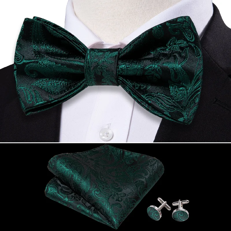 Black Green Paisley Self-tied Bow Tie Pocket Square Cufflinks Set