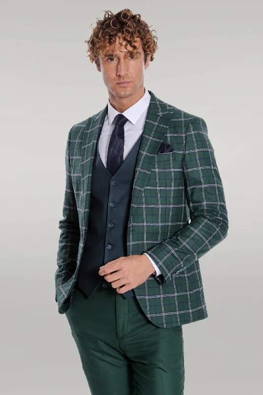 Blue Vested Slim Fit Checked Green Men Suit - Wessi