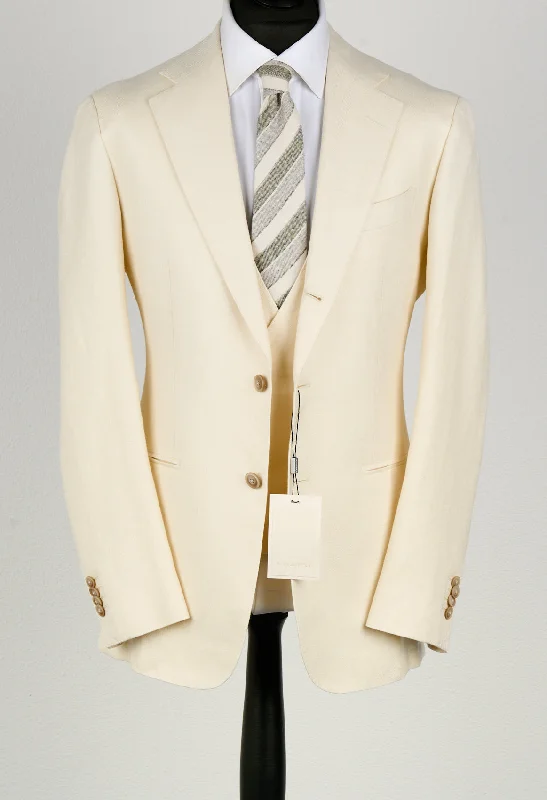 New Suitsupply Havana Jetted Off White Herringbone Wool, Tussah Silk, Linen 3 Piece DB Suit - Size 42L, 46R, 46L (Final Sale)