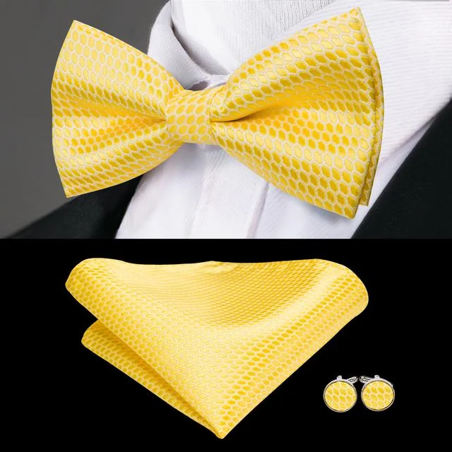 Light Yellow Solid Pre-tied Bow Tie Hanky Cufflinks Set