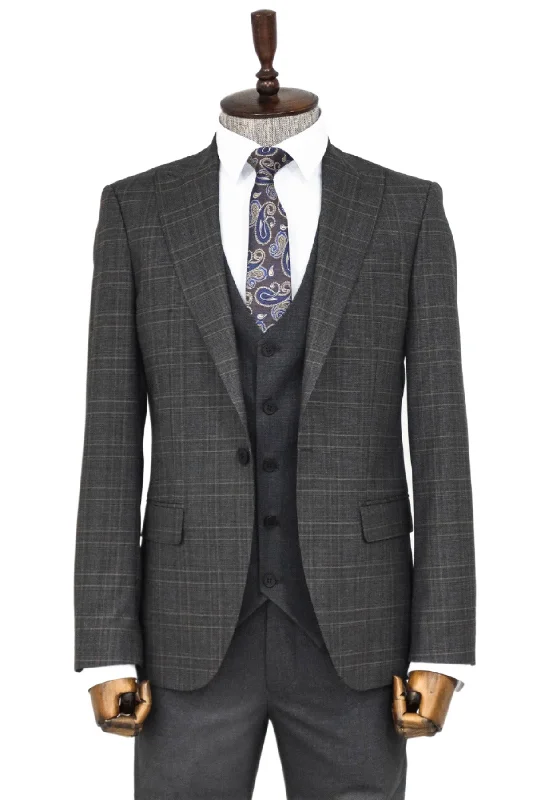 Checked Slim Fit Anthracite Men Suit and Shirt Combination - Wessi