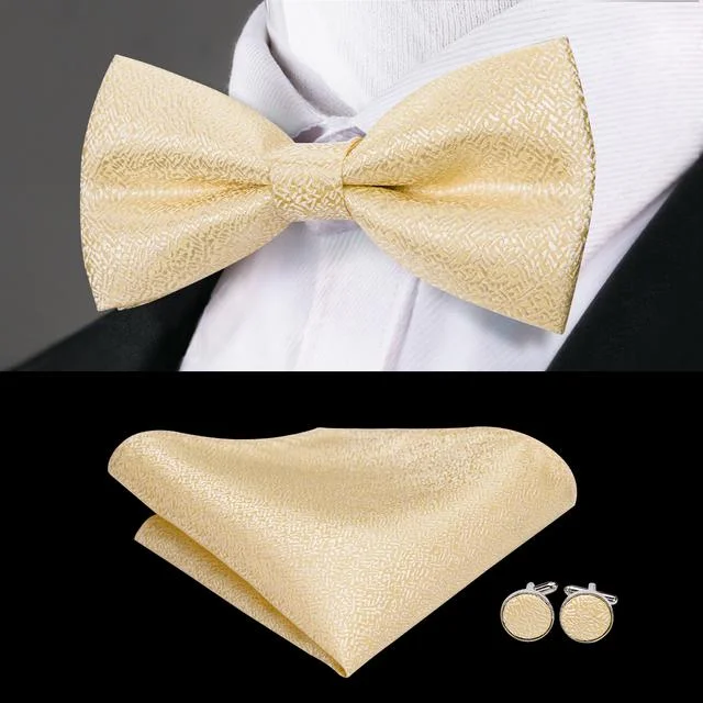 Gold Solid Pre-tied Bow Tie Hanky Cufflinks Set