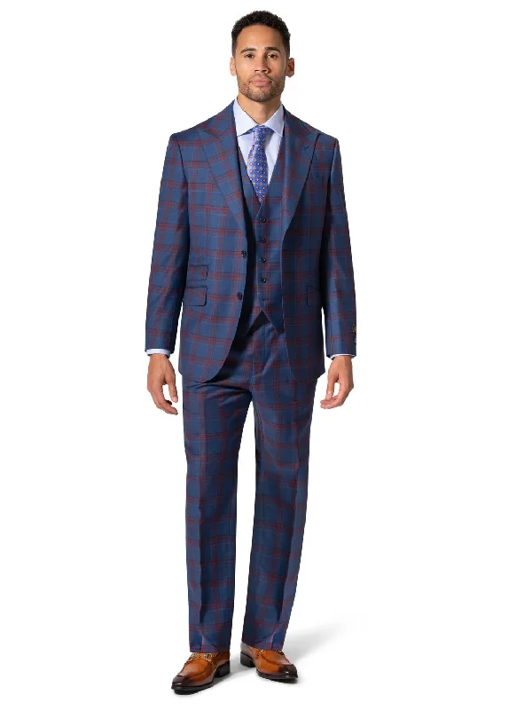 Beragamo Elegant Men Blue Plaid Classic Fit 100% Wool 3 Piece Suit & Peak Lapels