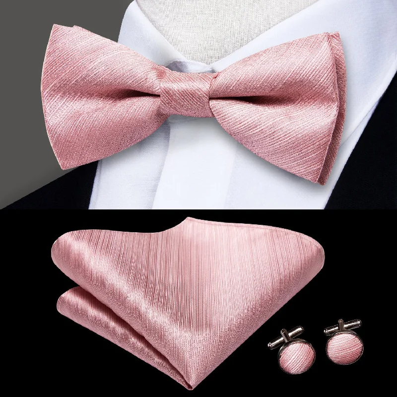 Pink Solid Men's Pre-tied Bowtie Pocket Square Cufflinks Set