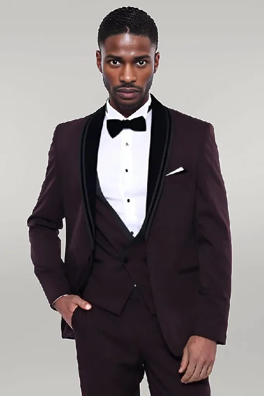 Detachable Velvet Lapel Burgundy Tuxedo - Wessi