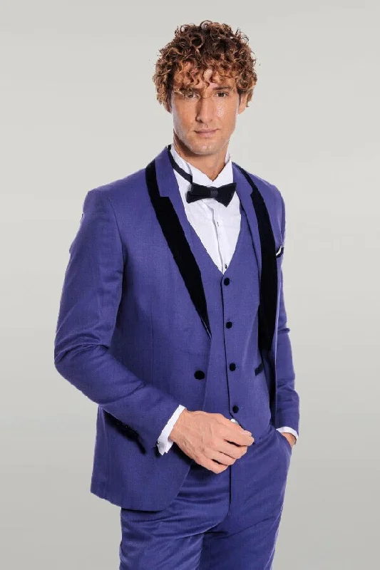 Patterned Velvet Lapel Blue Men Tuxedo - Wessi