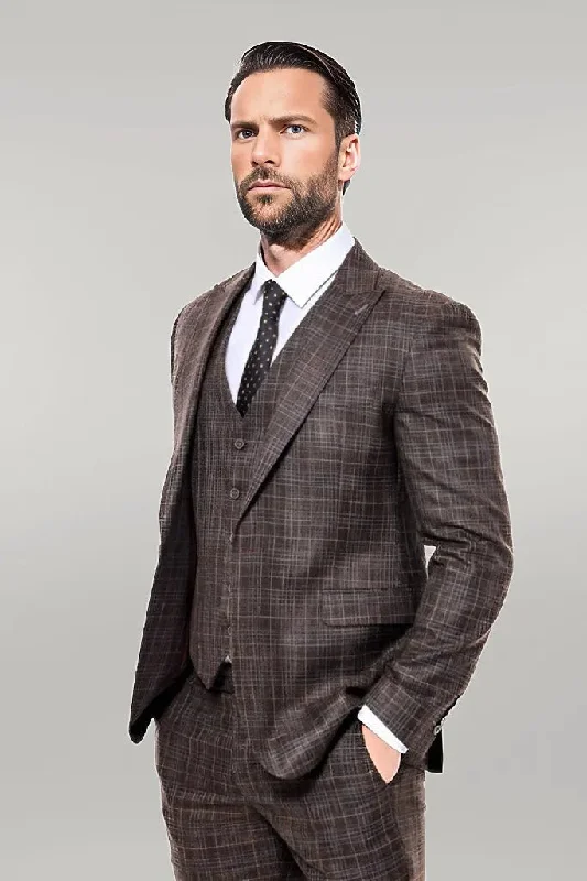 Patterned Vested Brown Slim-Fit Men’s Suit - Wessi