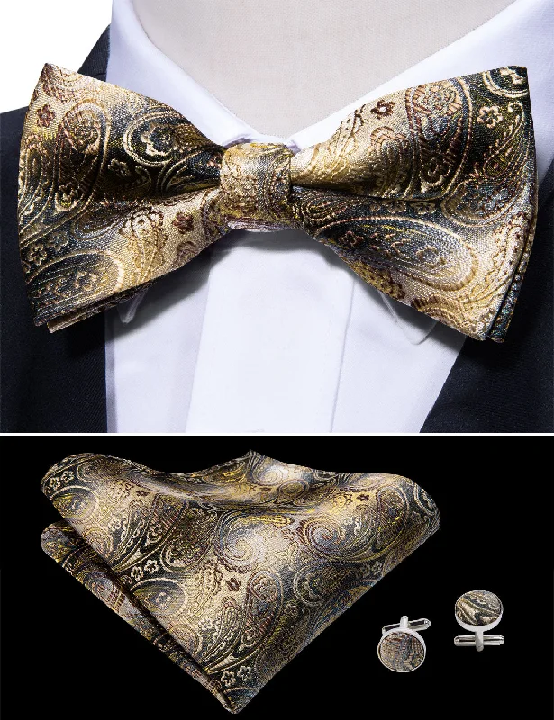 Golden Grey Paisley Pre-tied Bow Tie Hanky Cufflinks Set