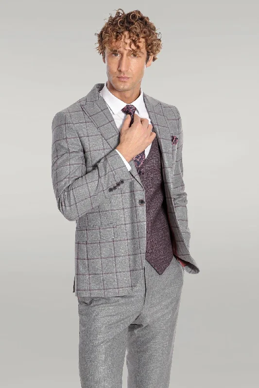 Slim Fit Checked Patterned Grey Men Suit - Wessi