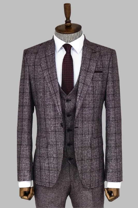 Slim Fit Checked Burgundy Men Suit - Wessi