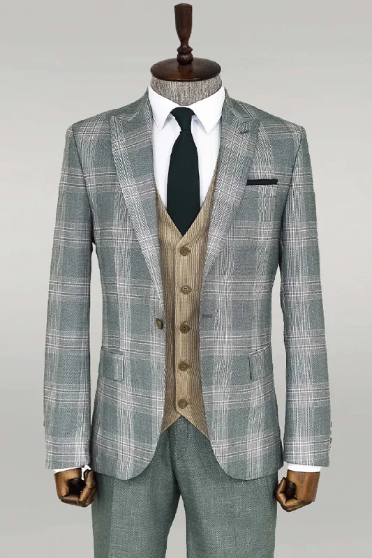 Slim Fit Light Green Vested Suit - Wessi