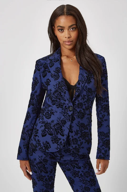 Jackalope Skinny Fit Blue Floral Flocked Jacket