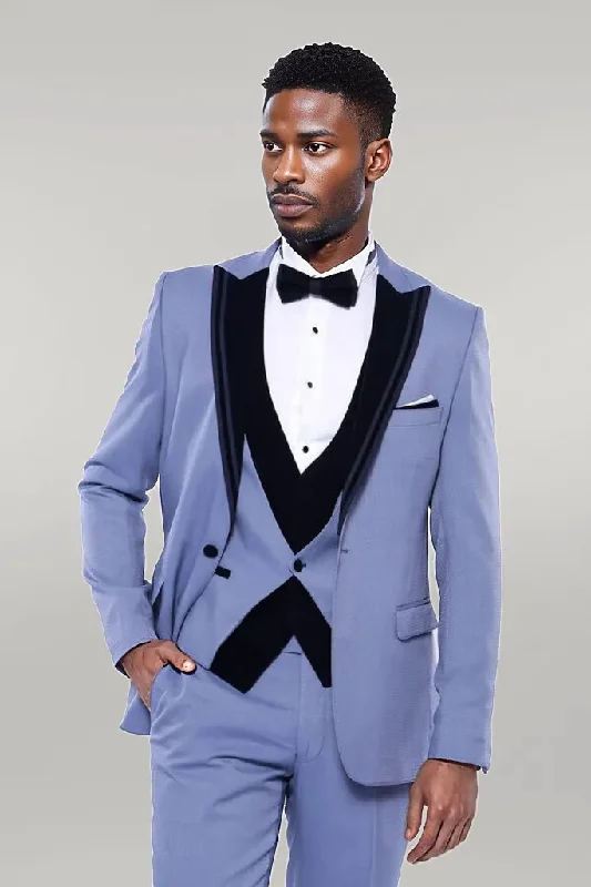 Velvet Collar Patterned Blue Tuxedo | Wessi