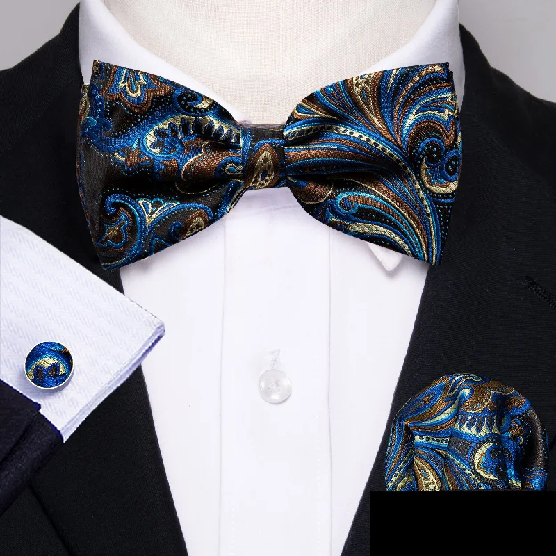 Barry Wang Blue Brown Paisley Pre-tied Bow Tie Hanky Cufflinks Set